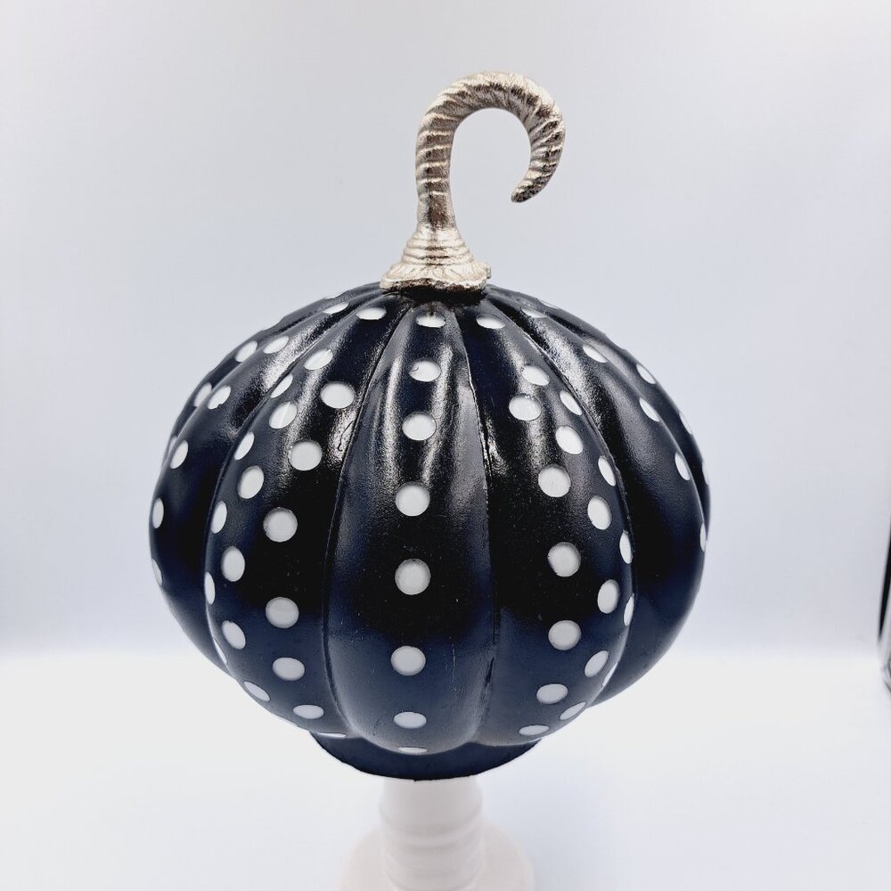 Apothecary Halloween Glass Black & White Polka Dot Pumpkin With Metal Stem